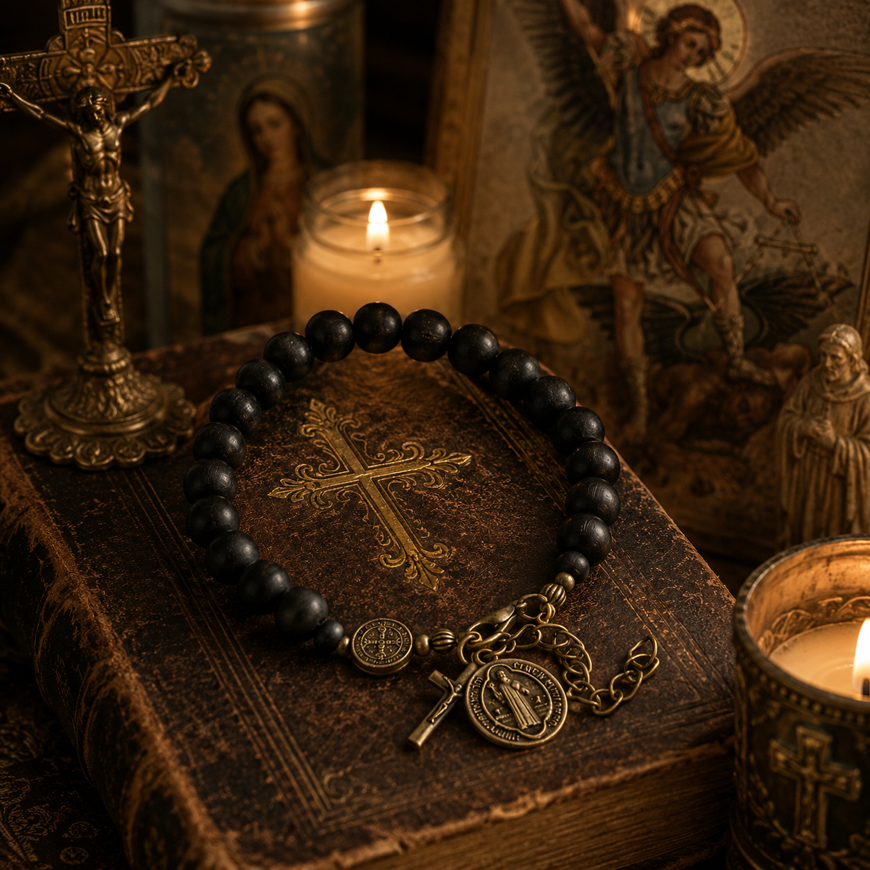 St Benedict Marian Bracelet, candlelit Bible scene