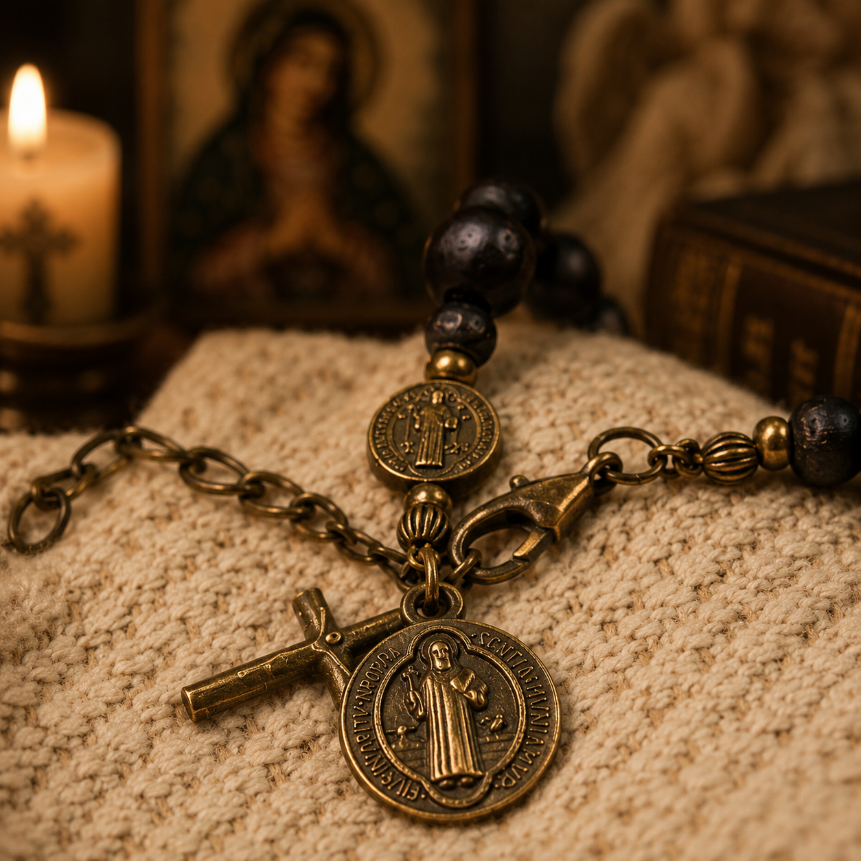 Antique brass Saint Benedict medal close-up